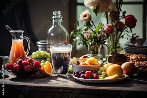  a table topped with a bowl of fruit and a bowl of fruit next to a pitcher of milk and a bowl of fruit.