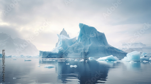 Amazing white iceberg floats in the ocean with a view underwater. Hidden Danger and Global Warming Concept. Tip of the iceberg. Half underwater
