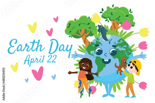 Earth Day postcard. The person Earth with a cheerful face smiles joyfully, and next to her are cheerful children, a dog and a dolphin. Near the Planet trees, plants and flowers.