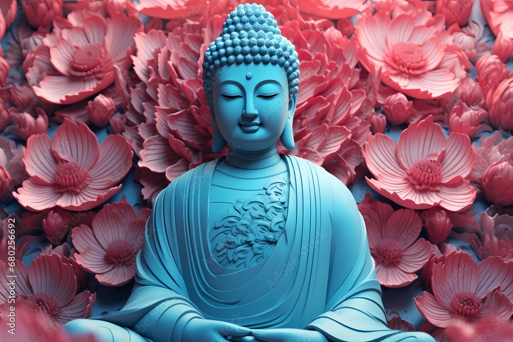 statue of buddha surrounded by flowers - obrazy, fototapety, plakaty 