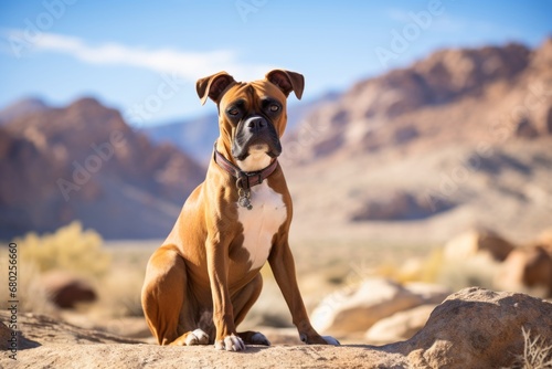 curious boxer dog sitting isolated in national parks background