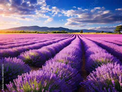 A peaceful lavender field with neatly arranged rows of blooming flowers under a clear sky.