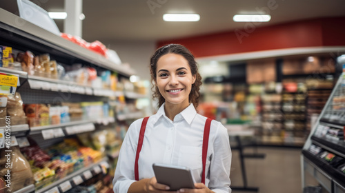 Smiling woman is holding a tablet in a supermarket aisle, with grocery shelves stocked with products in the background.