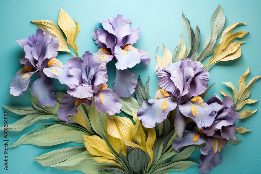  a bunch of purple flowers with green leaves on a blue background with a yellow center and green leaves on the bottom of the petals.