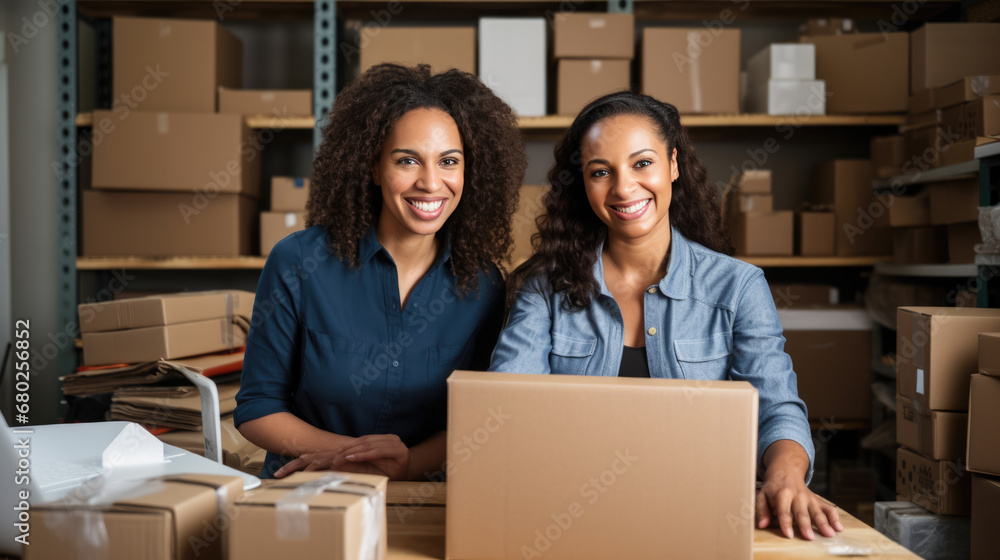 Two smiling businesswomen in a warehouse with cardboard boxes, working together on logistics or order fulfillment, possibly running an online business. Two smiling businesswomen in a warehouse with cardboard boxes, working together on logistics or order fulfillment, possibly running an online business.