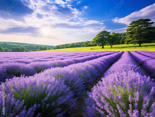 A serene lavender field, lined with neat rows of fragrant blossoms, under a clear blue sky.