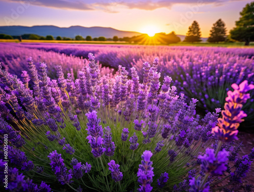 A serene lavender field, lined with neat rows of fragrant blossoms, under a clear blue sky.