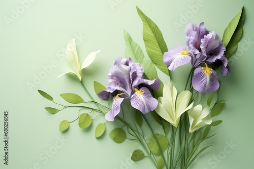  a bouquet of purple flowers with green leaves on a light green background with copy - space for text or image.