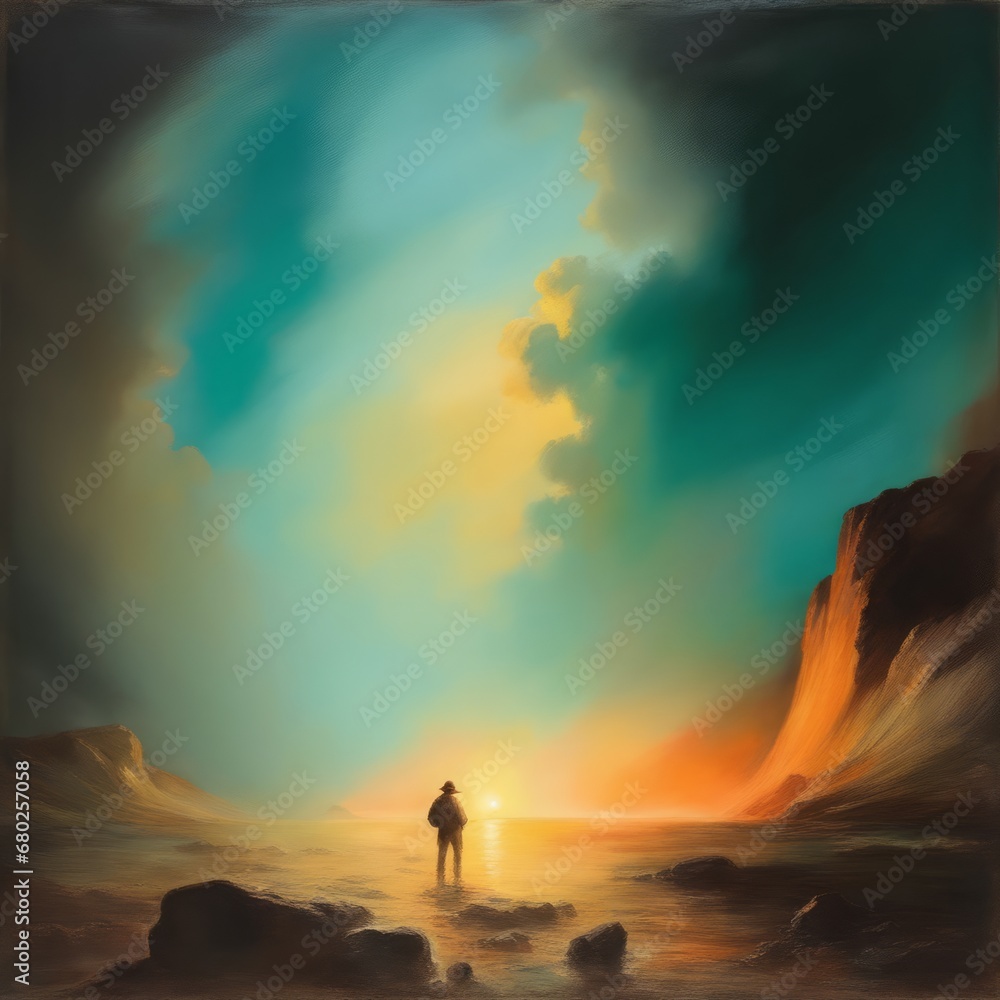 painting of a fantasy landscape, man in a desert painting of a fantasy landscape, man in a desert painting of a man in a landscape with a sunset