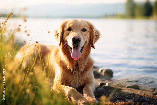 funny golden retriever sitting while standing against lakes and rivers background