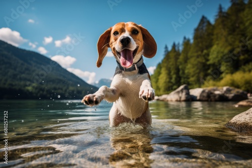 cute beagle shaking his paws in front of lakes and rivers background photo