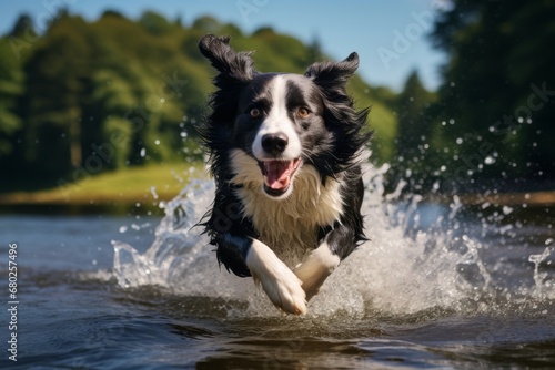 curious border collie running isolated in lakes and rivers background