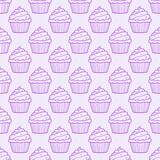 Cute cupcakes with cream and berries seamless pattern background.
