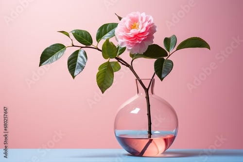  a vase filled with water and a pink flower on top of a blue table with a pink wall in the background.