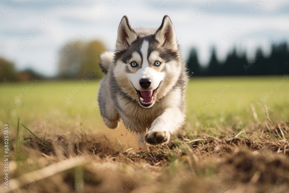 cute siberian husky chasing a squirrel over open fields and meadows background cute siberian husky chasing a squirrel over open fields and meadows background