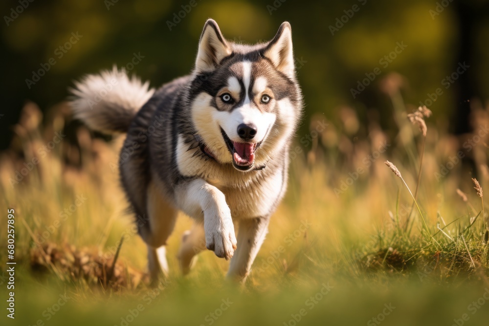 cute siberian husky chasing a squirrel isolated in open fields and meadows background