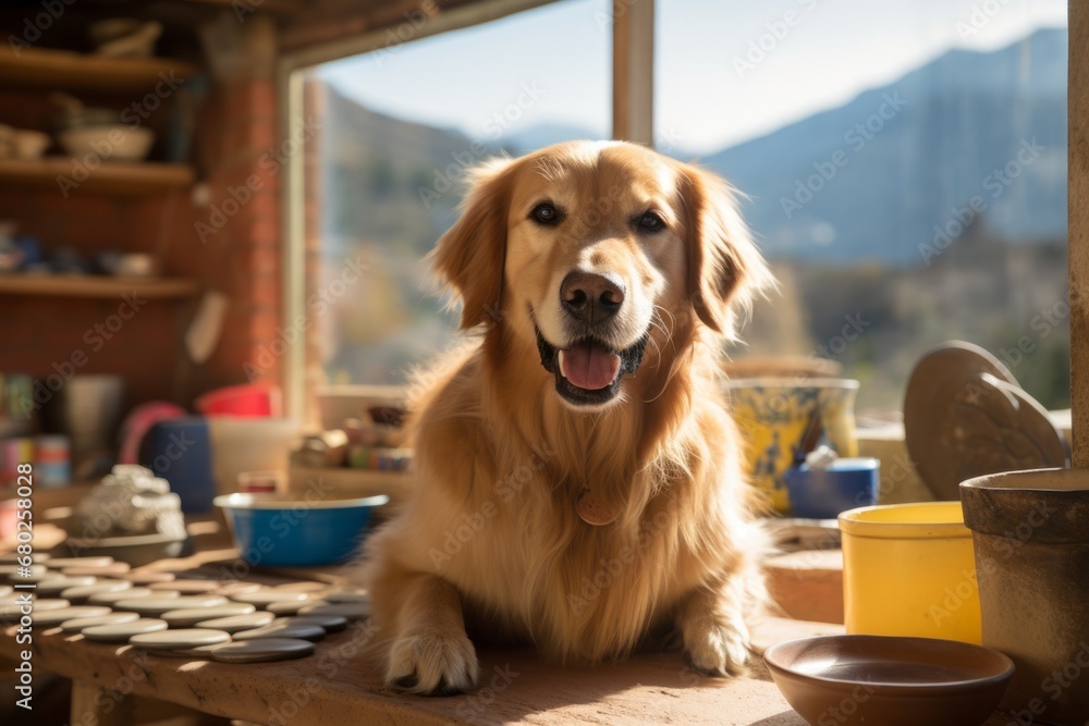 happy golden retriever being at a pottery studio in front of mountains and hills background