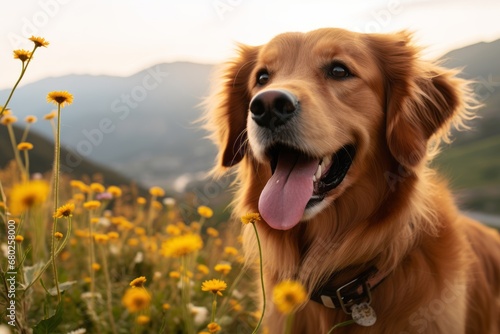 happy golden retriever smelling flowers isolated on mountains and hills background photo