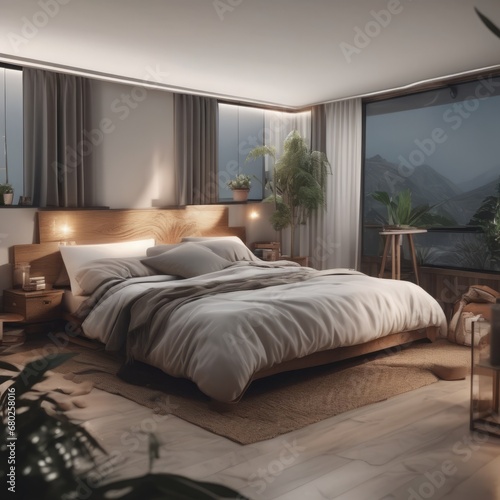 modern bedroom interior design. 3d rendering. modern bedroom interior design. 3d rendering. 3d rendering of modern living room with bed and plants