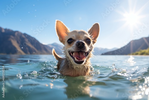 smiling chihuahua swimming in a lake isolated in mountains and hills background © Markus Schröder