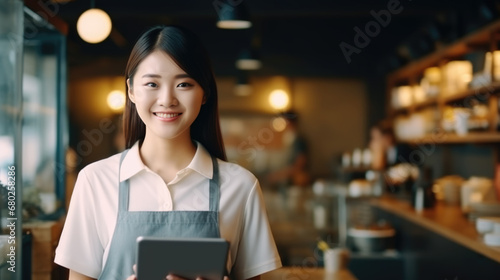 A smiling woman, small business owner, holding a tablet and wearing an apron, standing in a well-lit and organized cafe environment