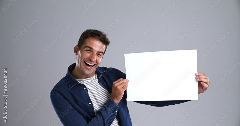 Excited, man and paper poster for advertising, marketing and commercial promotion. Portrait, empty banner sign and mockup space presentation, information flyer and announcement on a grey background Excited, man and paper poster for advertising, marketing and commercial promotion. Portrait, empty banner sign and mockup space presentation, information flyer and announcement on a grey background