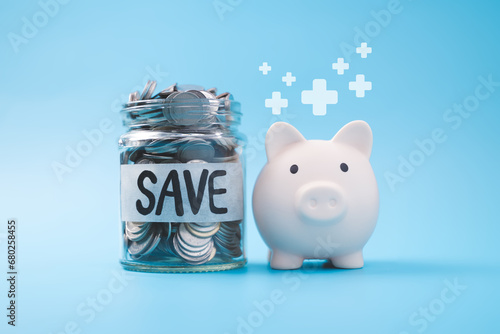 Piggy bank with virtual plus icons, Financial business investment, Growing money, People saving money, Money saving for future, Idea for saving and investment