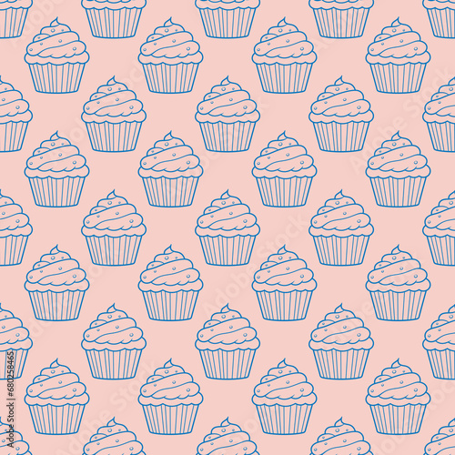 Cute cupcakes with cream and berries seamless pattern background.