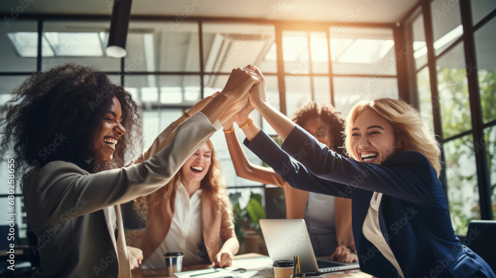 Moment of celebration, with a group of women in a business setting giving each other a high five, all smiling and exuding happiness and a sense of achievement. - obrazy, fototapety, plakaty 