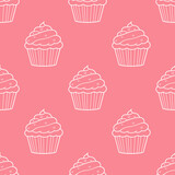 Cute cupcakes with cream and berries seamless pattern background.
