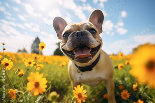 funny french bulldog having a flower in its mouth while standing against farms and ranches background photo