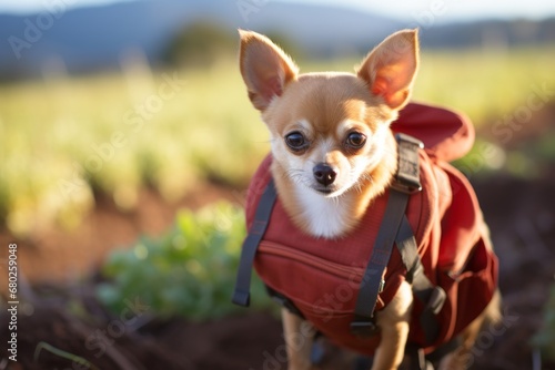 curious chihuahua carrying a backpack while standing against farms and ranches background © Markus Schröder
