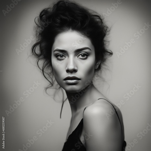 beautiful woman with curly hair and makeup beautiful woman with curly hair and makeup beautiful woman in black dress. studio photo.