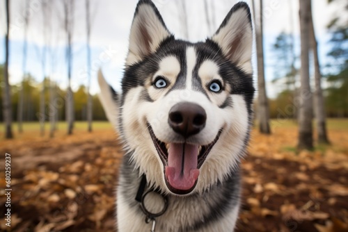 smiling siberian husky playing fetch on farms and ranches background © Markus Schröder