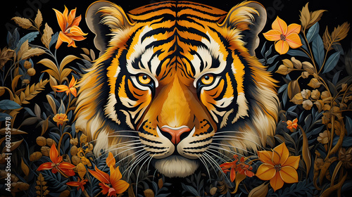 Contemporary art-deco style portrait of a tiger  fusing classic with modern AI generative