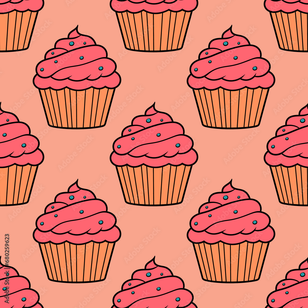 Cute cupcakes with cream and berries seamless pattern background. Cute cupcakes with cream and berries seamless pattern background.