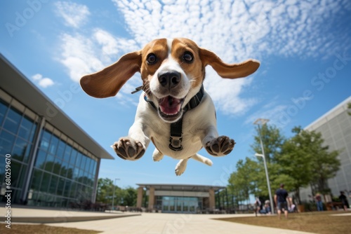 cute beagle jumping isolated in museums with outdoor exhibits background photo