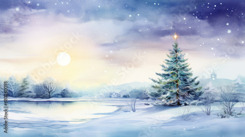 Christmas tree watercolor painting. Beautiful winter forest landscape in snowfall. Winter illustration.