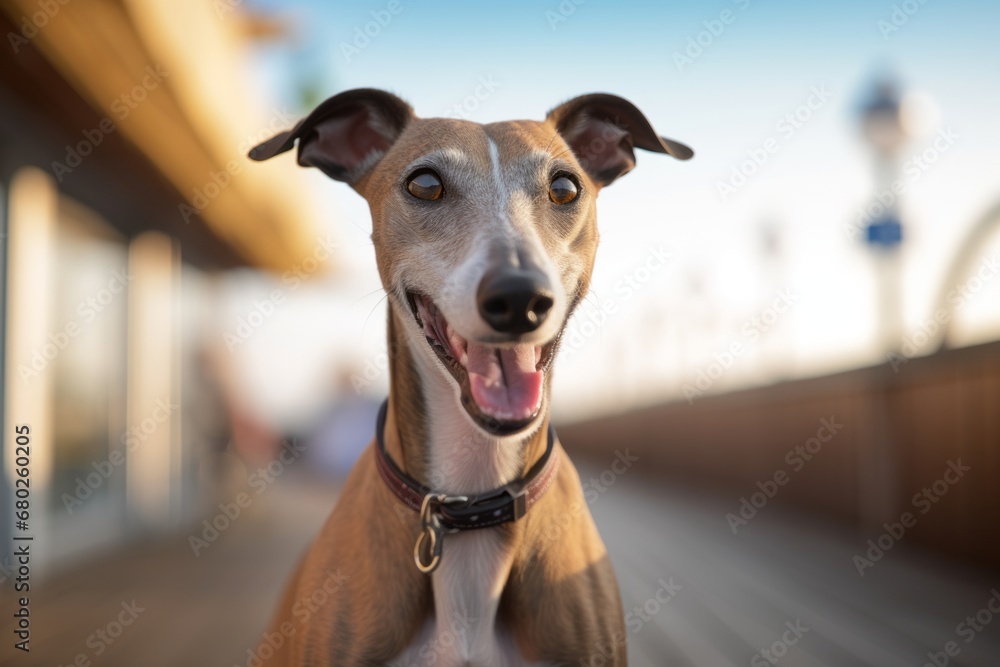 smiling greyhound sitting in front of boardwalks and piers background ...