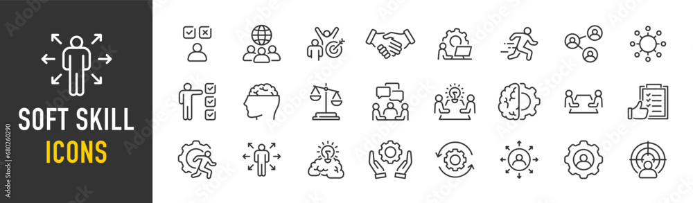 Soft skills web icons in line style. Teamwork, creativity, communication, problem-solving, management, collection. Vector illustration. Soft skills web icons in line style. Teamwork, creativity, communication, problem-solving, management, collection. Vector illustration.