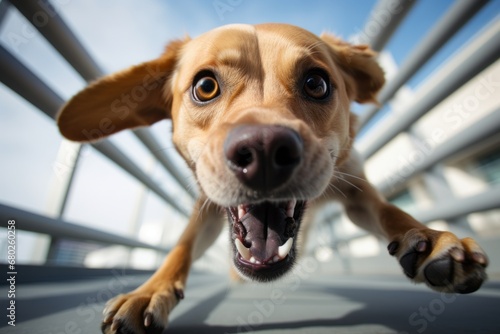 funny labrador retriever playing tug-of-war over bridges and pedestrian walkways background