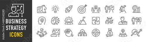 Business Strategy web icons in line style. Strategy, startup, teamwork, people, plan, payment, management, target, employee, infographic. Icon collection. Vector illustration.