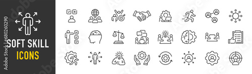 Soft skills web icons in line style. Teamwork, creativity, communication, problem-solving, management, collection. Vector illustration.