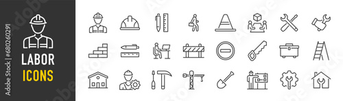 Labor web icons in line style. Labor day, construction, worker, gear, job, collection. Vector illustration.