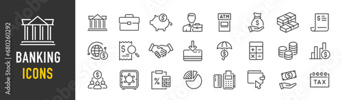 Banking web icons in line style. Bank, income, atm, money, payment, collection. Vector illustration.