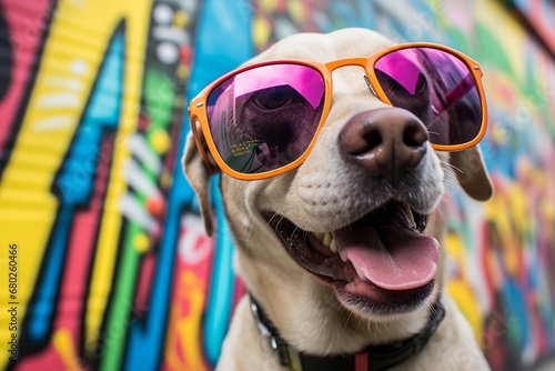funny labrador retriever wearing a trendy sunglasses while standing against graffiti walls and murals background