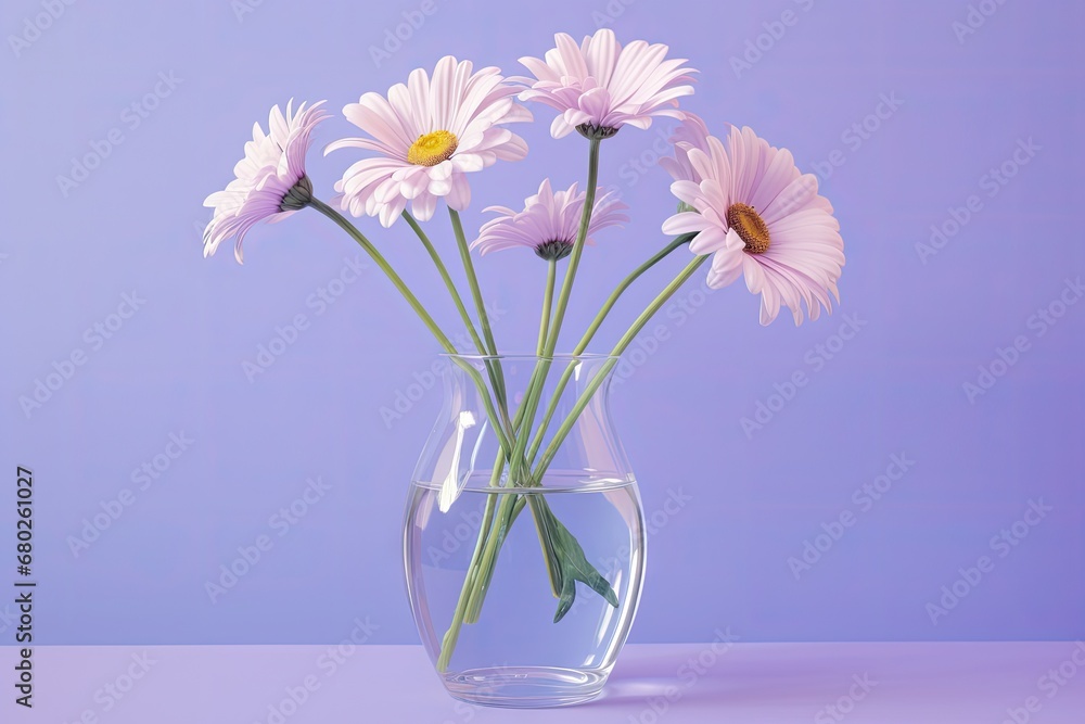 a glass vase filled with pink flowers on top of a purple and blue tableclothed tablecloth with a light purple background. a glass vase filled with pink flowers on top of a purple and blue tableclothed tablecloth with a light purple background.