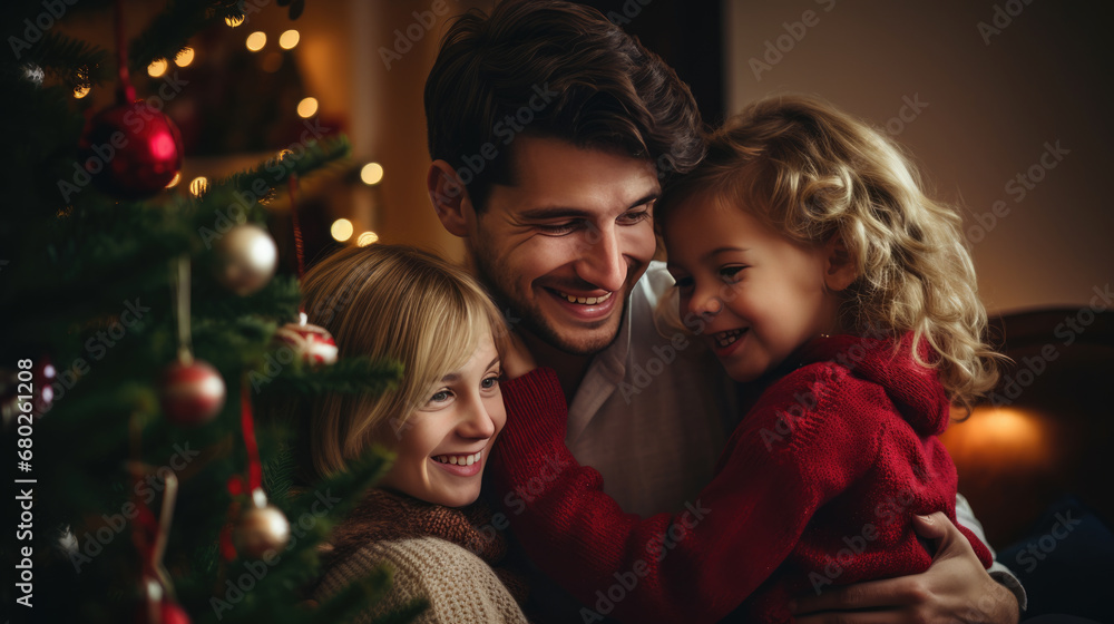 A joyful family share a warm embrace, laughing and smiling against a backdrop of a twinkling Christmas tree.