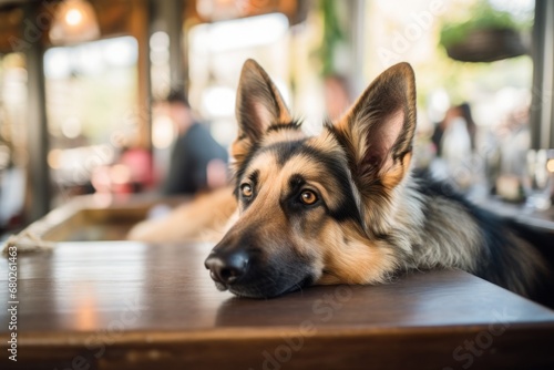curious german shepherd relaxing at a cafe isolated on zoos and wildlife sanctuaries background