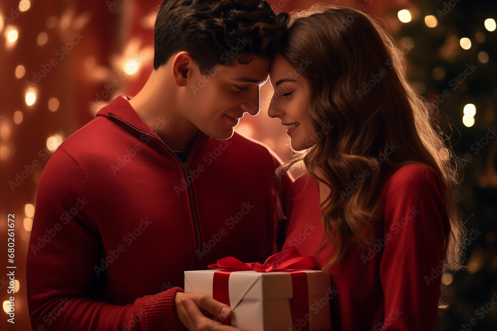 Happy laughing couple giving each other Christmas presents simultaneously Happy laughing couple giving each other Christmas presents simultaneously